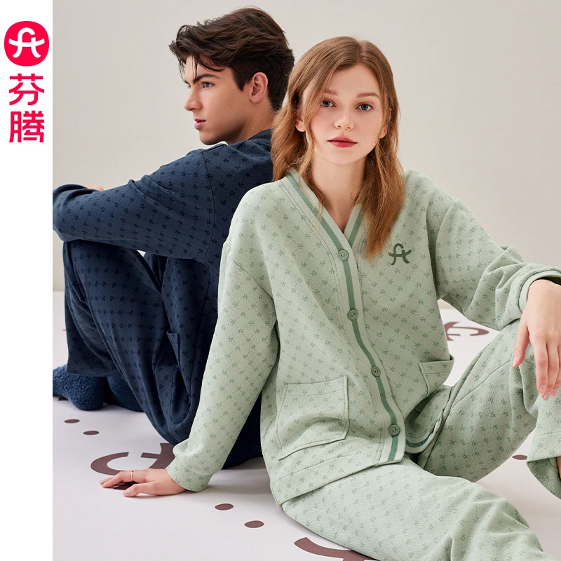 【芬腾】情侣秋冬空气棉夹层长袖纯棉套装女抗菌男士加大码家居服