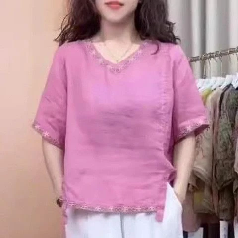 女装夏网红新款时尚薄款复古小衫民族风宽松百搭简约休闲V领上衣