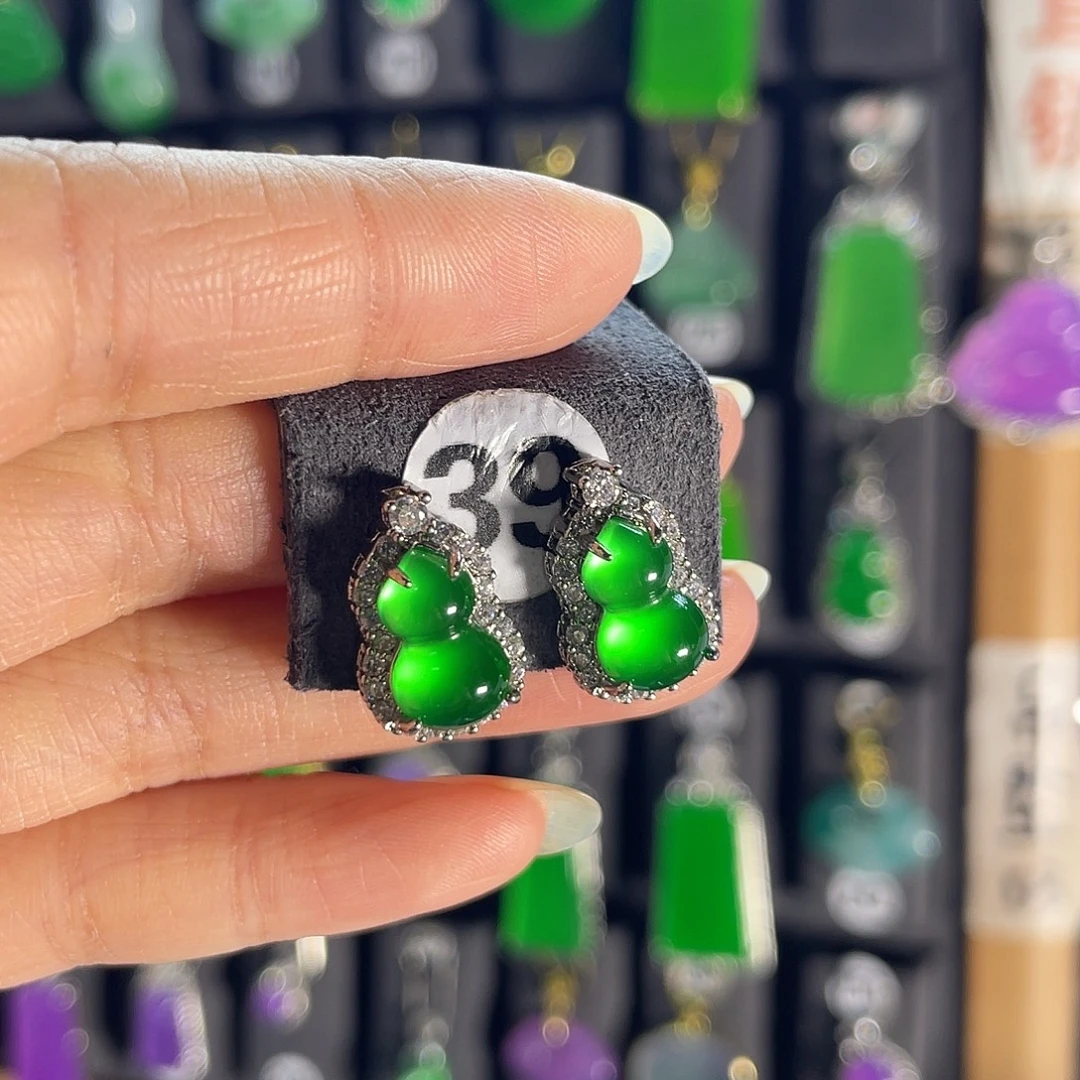 翡翠银S925镀金镶嵌耳饰39