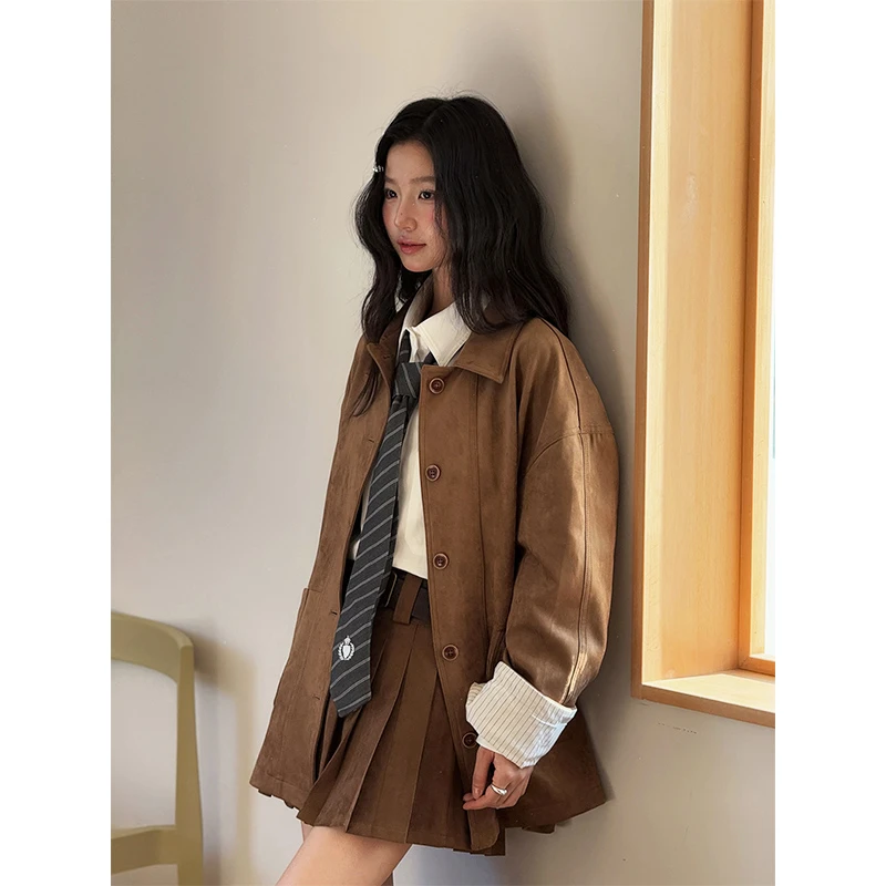 设计感条纹袖口拼接大口袋翻领短款外套女秋季流行韩系通勤风衣