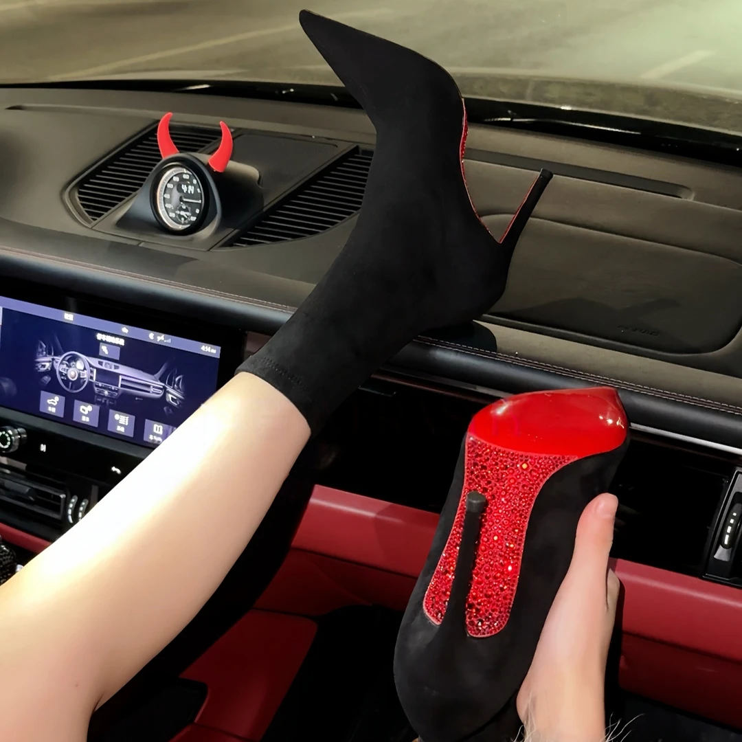 【显高显瘦显腿长】弹力瘦瘦靴红底水钻黑色气质尖头细跟短靴袜靴