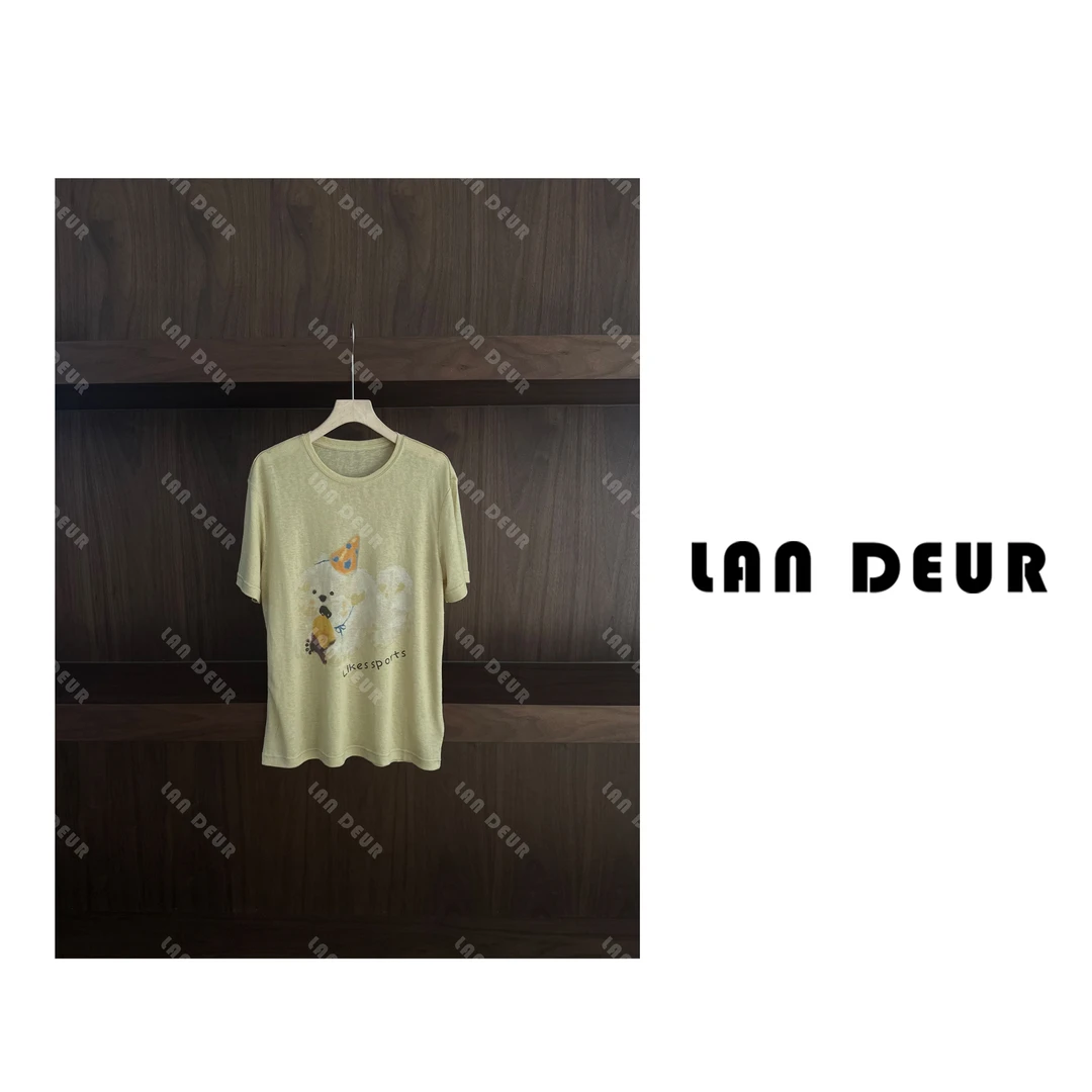 JIUJIU【丝绒悸动】莱赛尔亚麻圆领印花中长款透气薄款套头短袖T恤