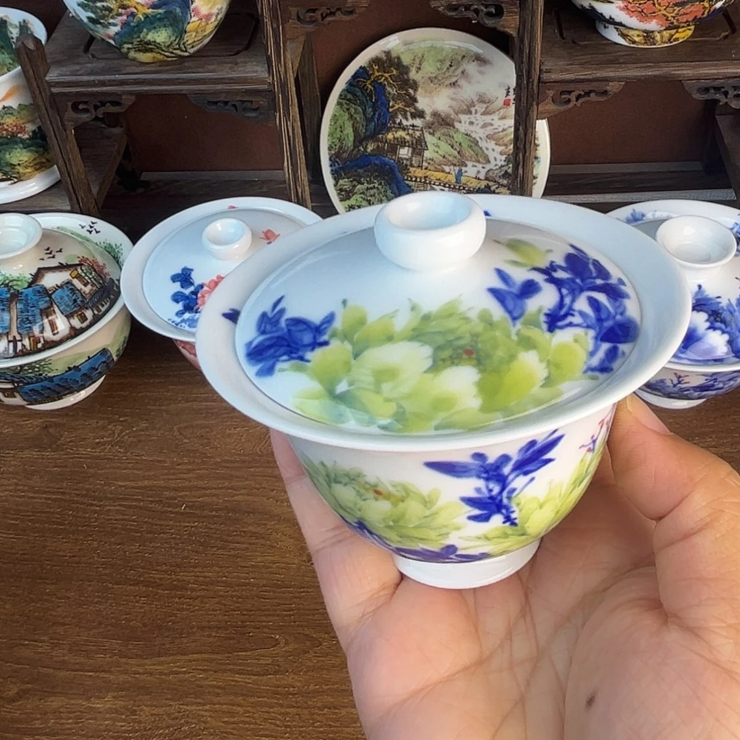 忠意堂釉下彩绿牡丹盖碗