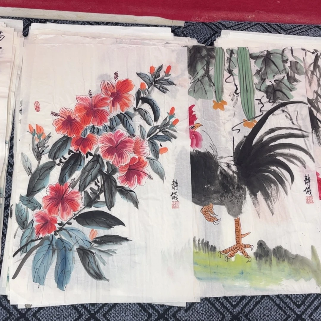 国画静怡老师四尺三开花鸟旭2