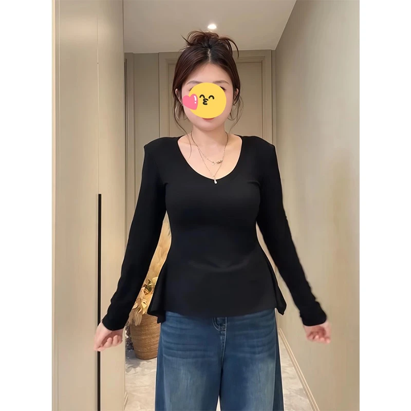 纯欲风性感V领长袖T恤女2025早秋季新款修身显瘦高级感辣妹上衣