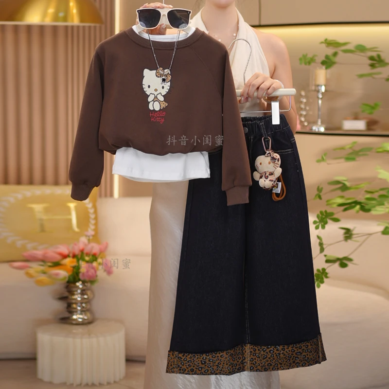 【闺蜜家】女童2025秋季新款时尚潮卡通假两件卫衣+牛仔裤套装-8782