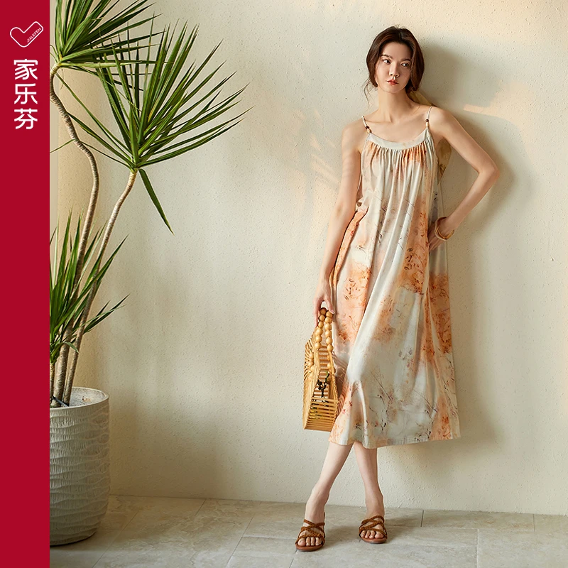 家乐芬带胸垫吊带睡裙女士睡衣夏季莫代尔连衣裙水墨画冰丝长裙