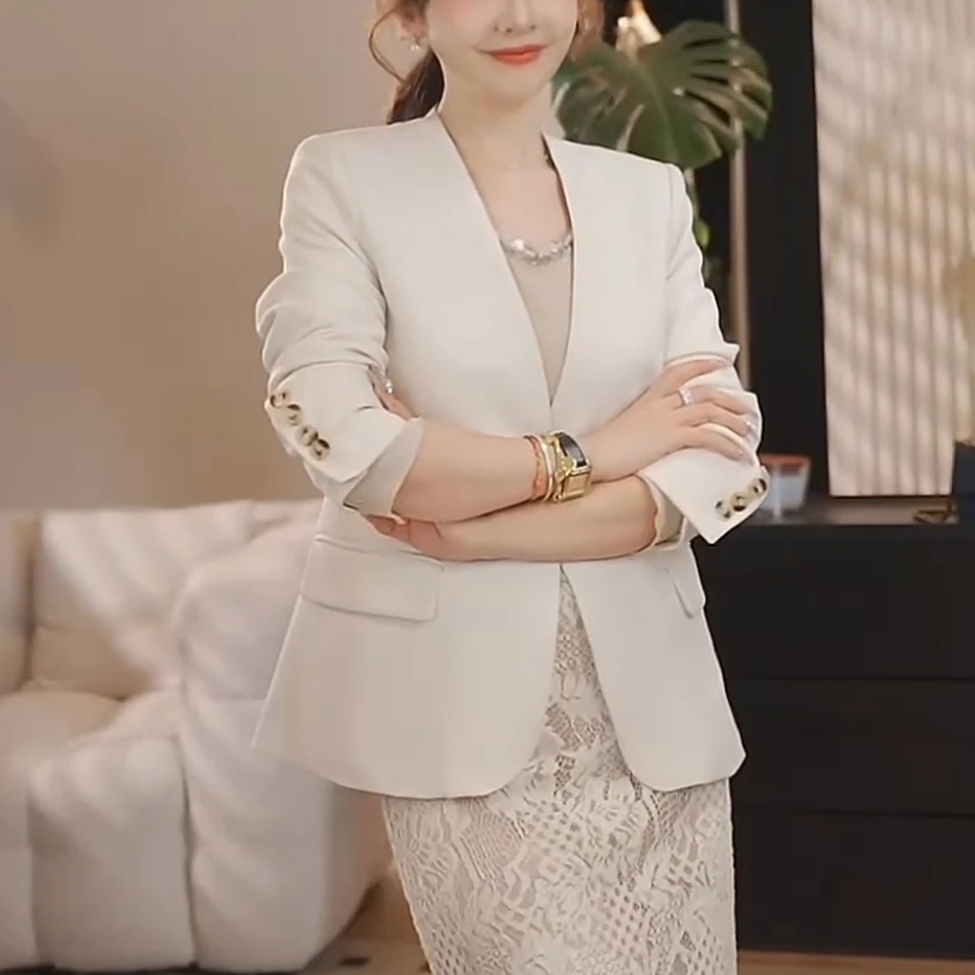 【PINZIKO】主理人~春秋季韩版修身个小子米白色西装外套女休闲西服