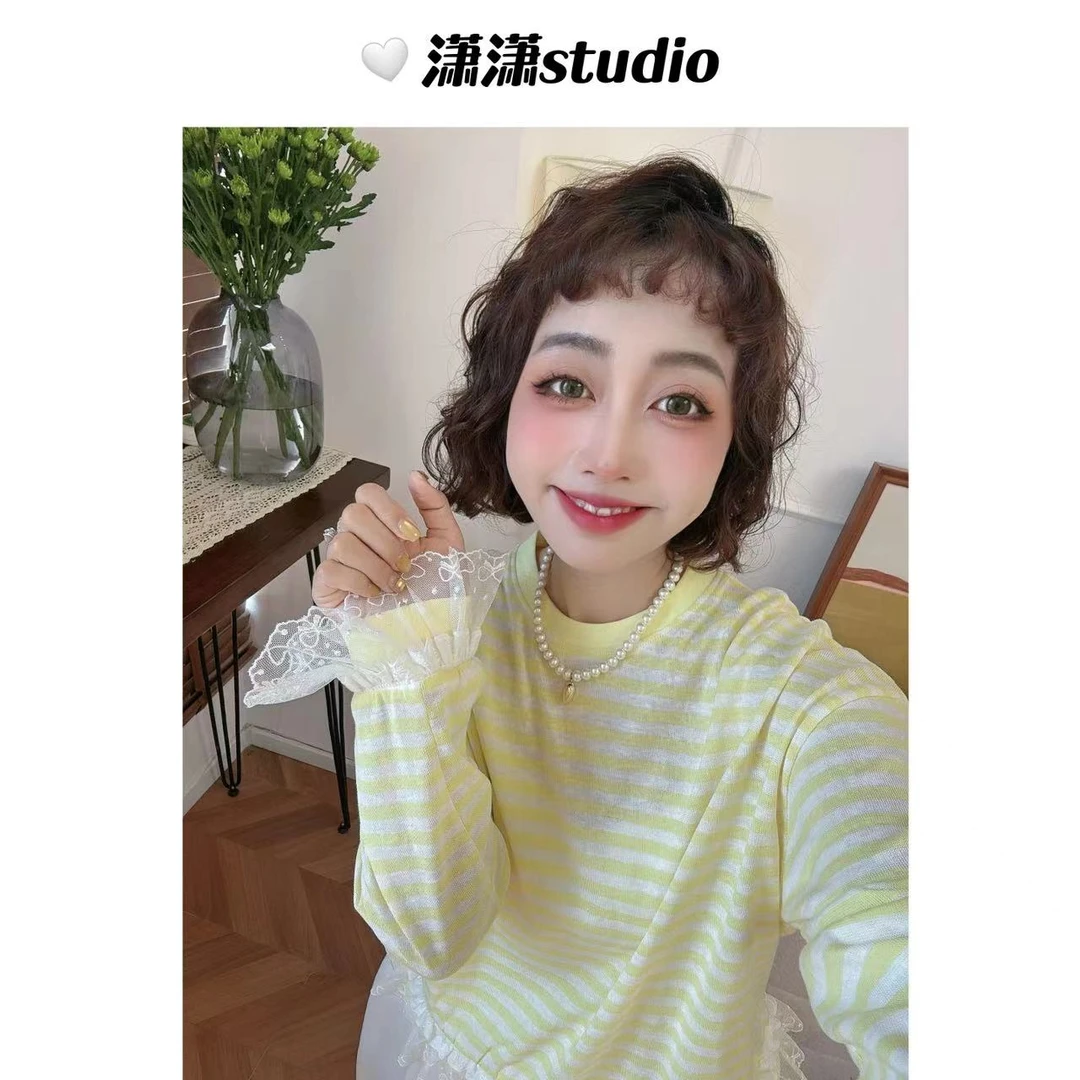 【巴厘岛度假】【下摆花边】潇潇袖口下摆花边高密度料条纹T恤XJ0013