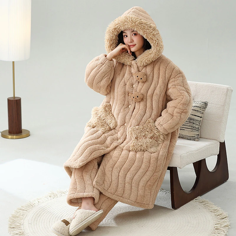 冬款三层夹棉睡衣女加绒加厚韩版长款睡袍套装简约保暖可外穿浴袍