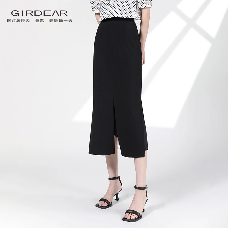 哥弟 2025夏季新款通勤气质高腰开叉显瘦中长款半身鱼尾裙1200232