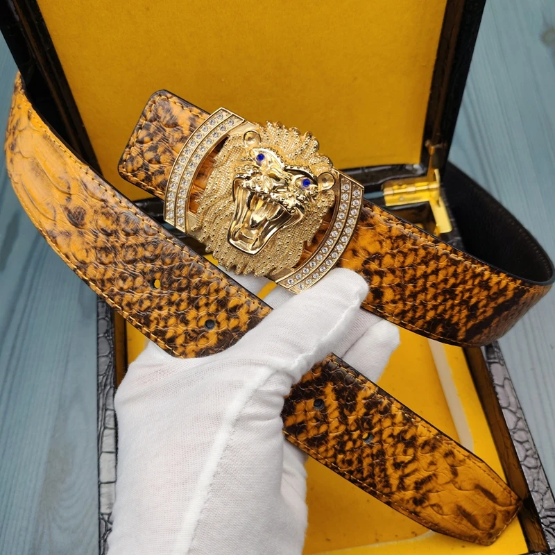 蛇纹皮带男士狮子大开口镶钻皮带男士真皮牛皮高档青年百搭裤腰带