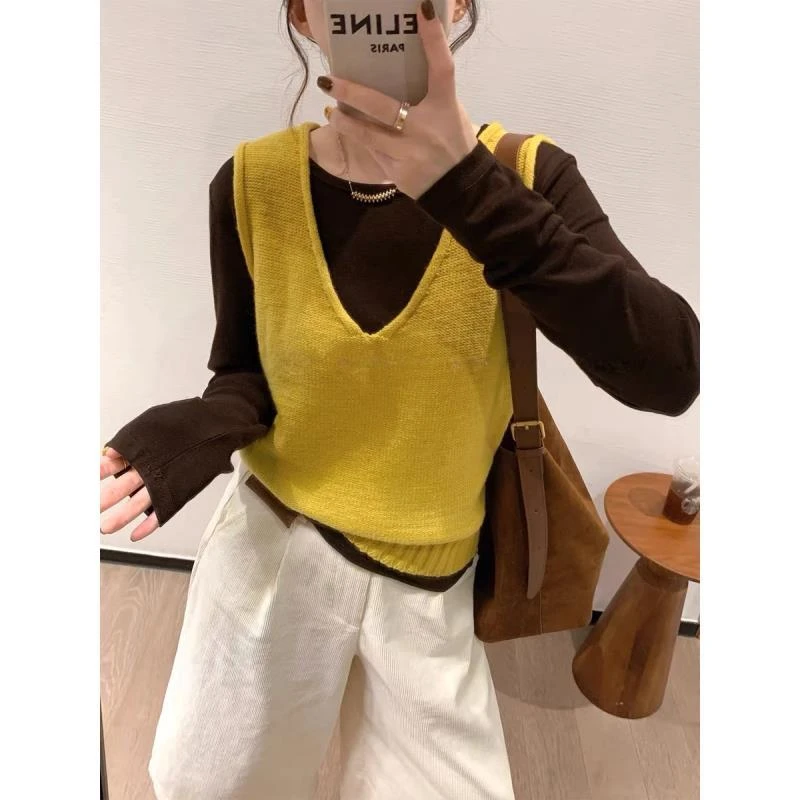 时尚套装女2025年秋季新款圆领长袖高领T恤叠穿马甲两件套