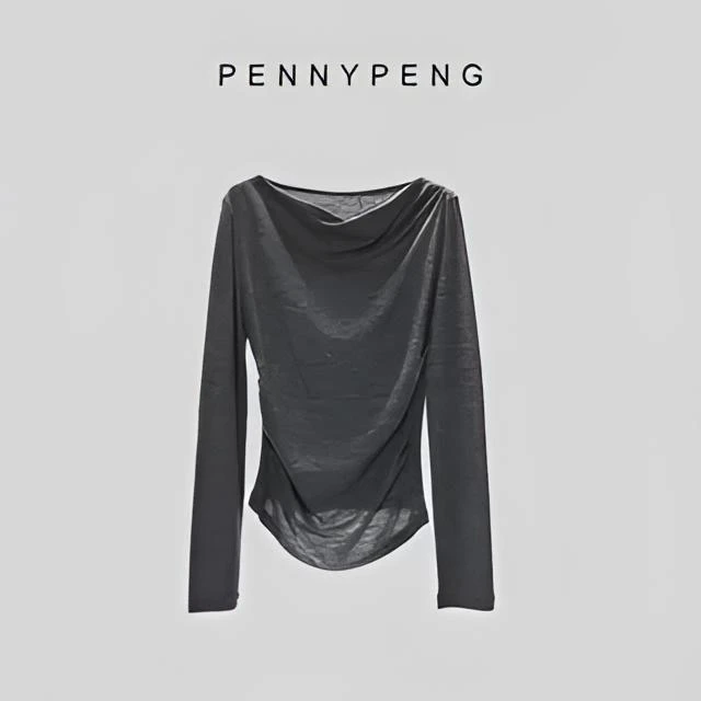 PENNYPENG松林晚冬季时尚红人宽松设计师羊毛荡领长袖T恤DF07023