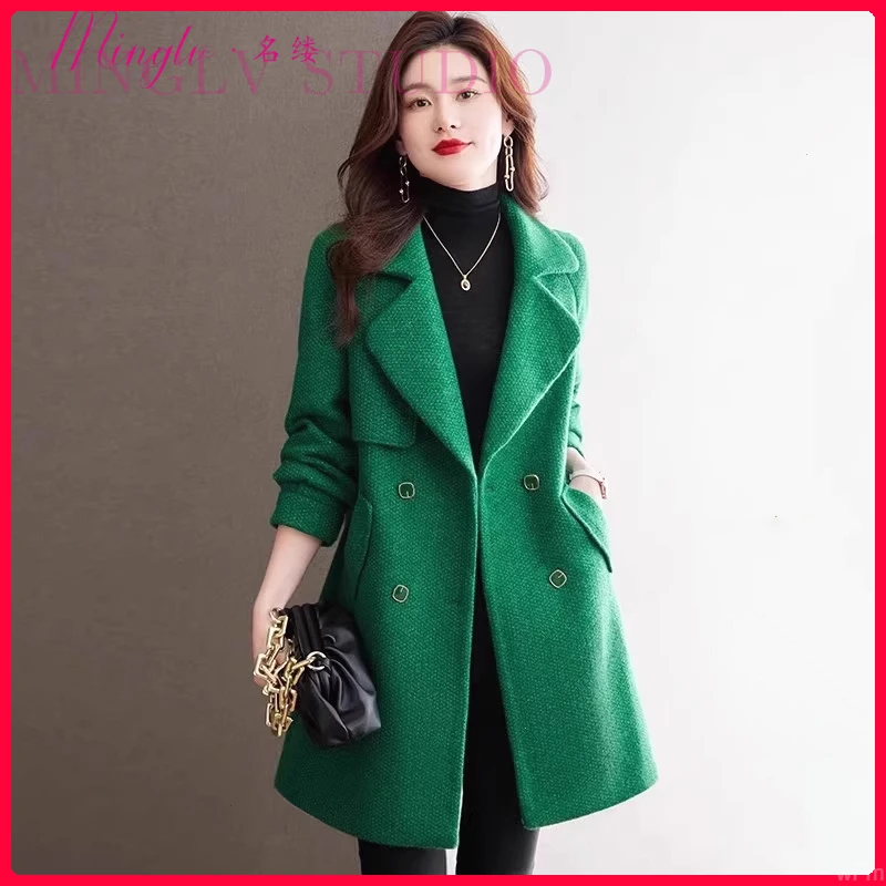 2025新款女绿色毛呢外套士秋冬今年流行高端时尚高级感洋气大衣