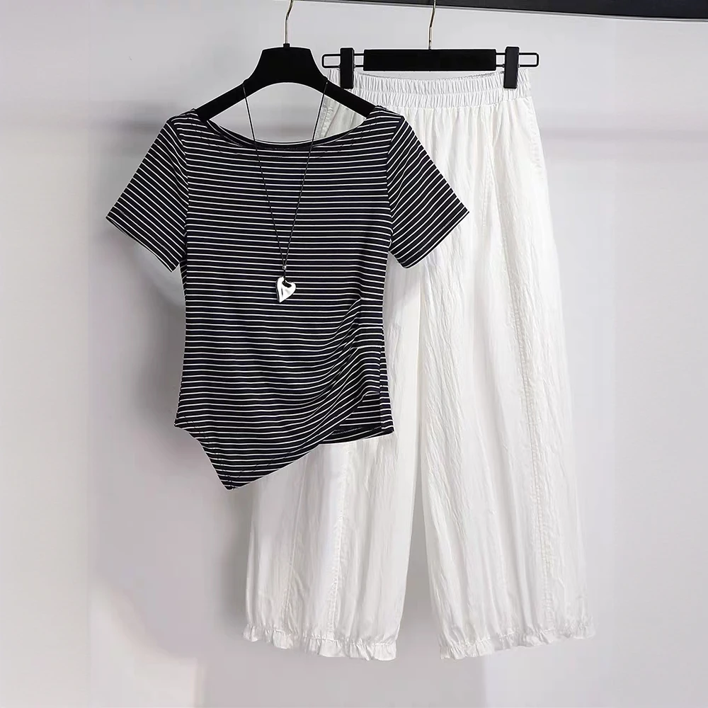 新款条纹不规则露肩短袖T恤阔腿裤夏季穿搭套装休闲灯笼裤两件套