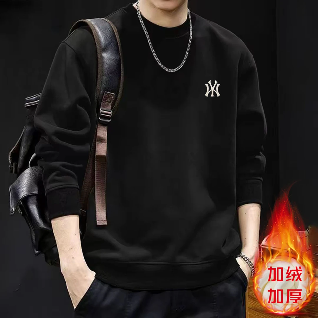 刺绣圆领宽松型秋季长袖美式卫衣男士百搭打底衫套头加绒加厚卫衣
