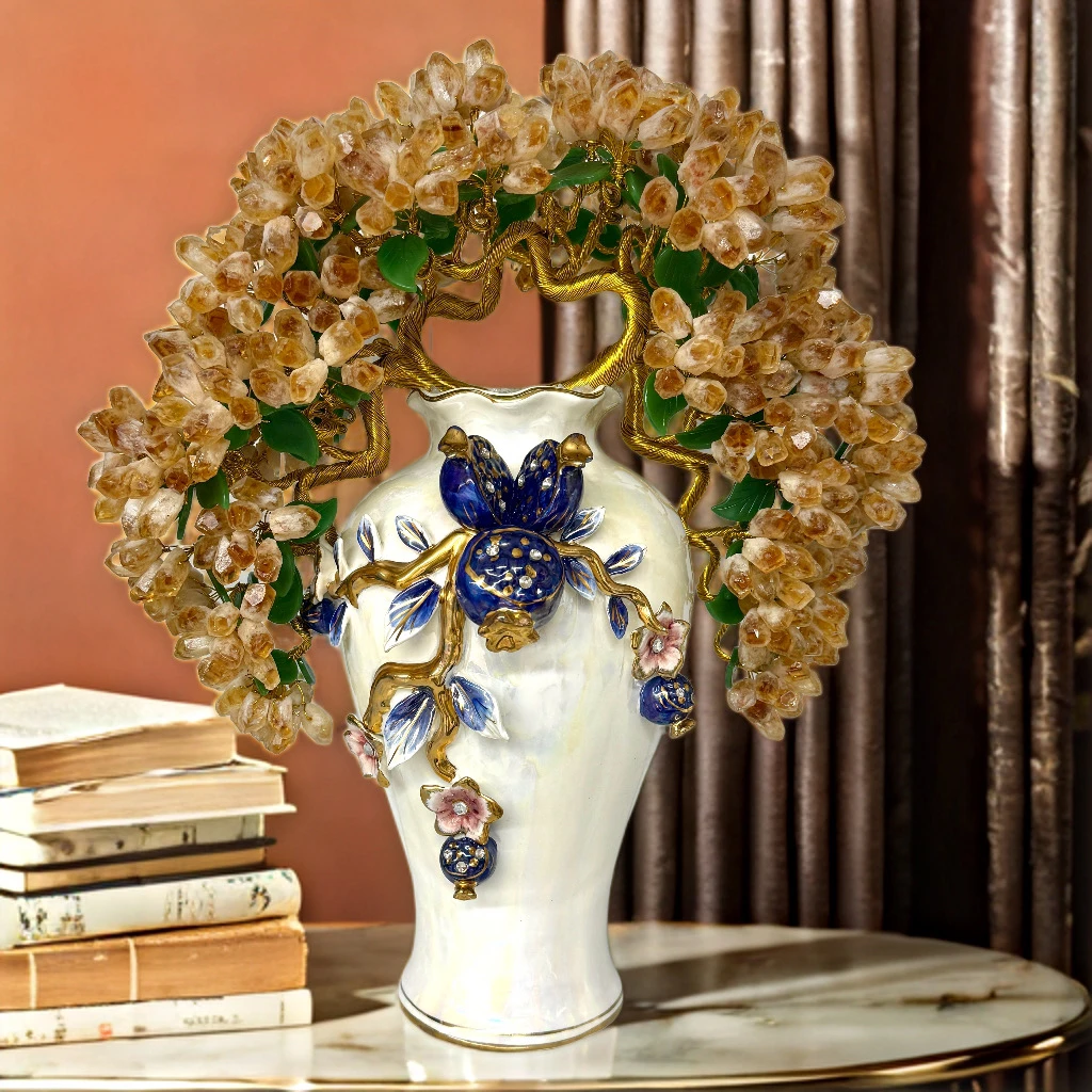 【原创轻奢高品】石榴花瓶黄水晶好事成双摆件招财树摆件精美高品