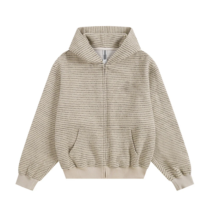 LIGGICC 早秋新款国潮美式复古条纹连帽卫衣男女宽松拉链开衫外套