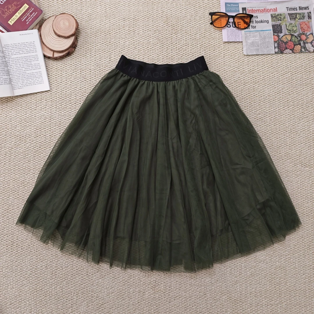 2025夏季新款纯色休闲宽松蕾丝网纱中长裙带里衬半身裙1554