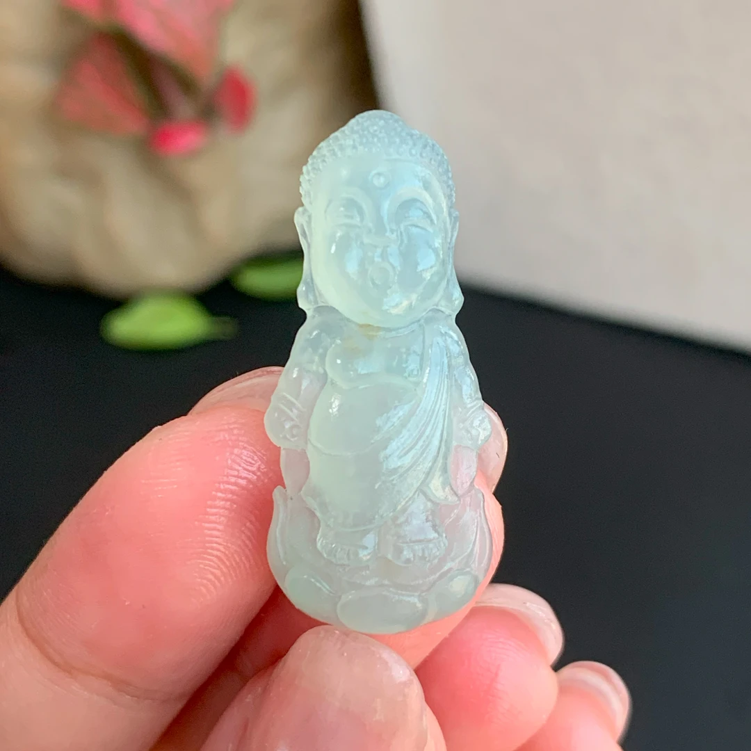 【自然光实拍】清澈 天然翡翠A货雪花棉宝宝佛吊坠 定制毛货未抛光