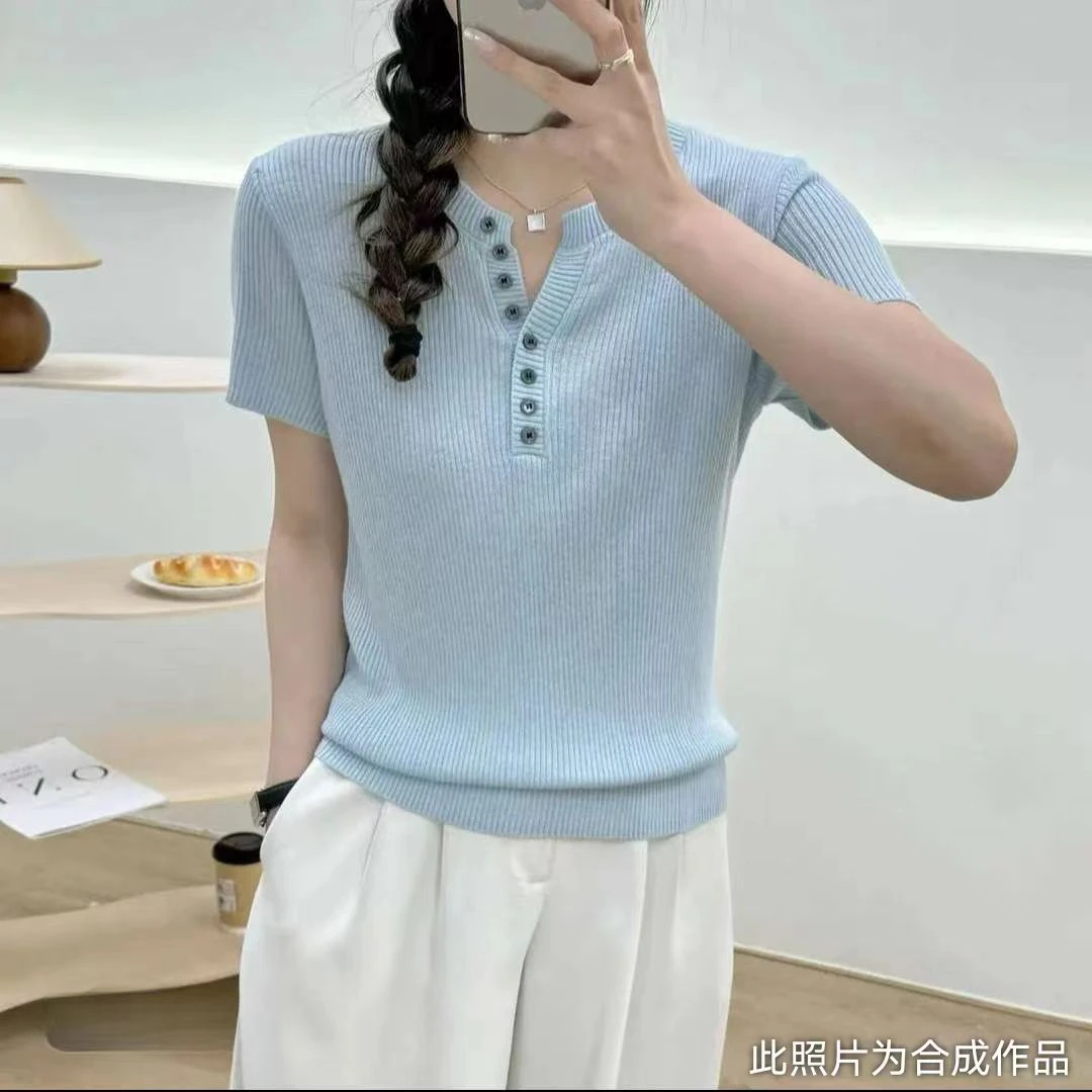 纽扣法式短袖针织衫2025T恤修身显瘦春夏洋气百搭坑条上衣夏季短