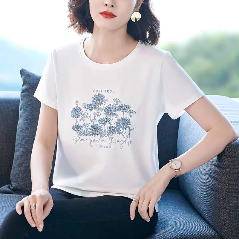 夏季新款时尚显瘦遮肉基础款绣花短袖上衣T恤女