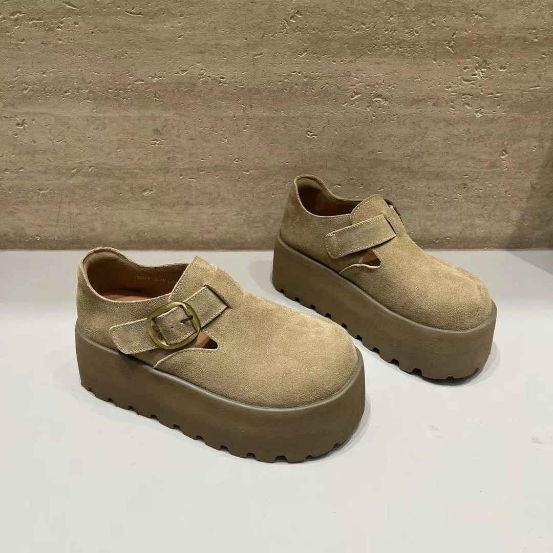 小个子厚底增高勃肯鞋女2025新款一脚蹬女鞋春秋磨砂复古乐福鞋