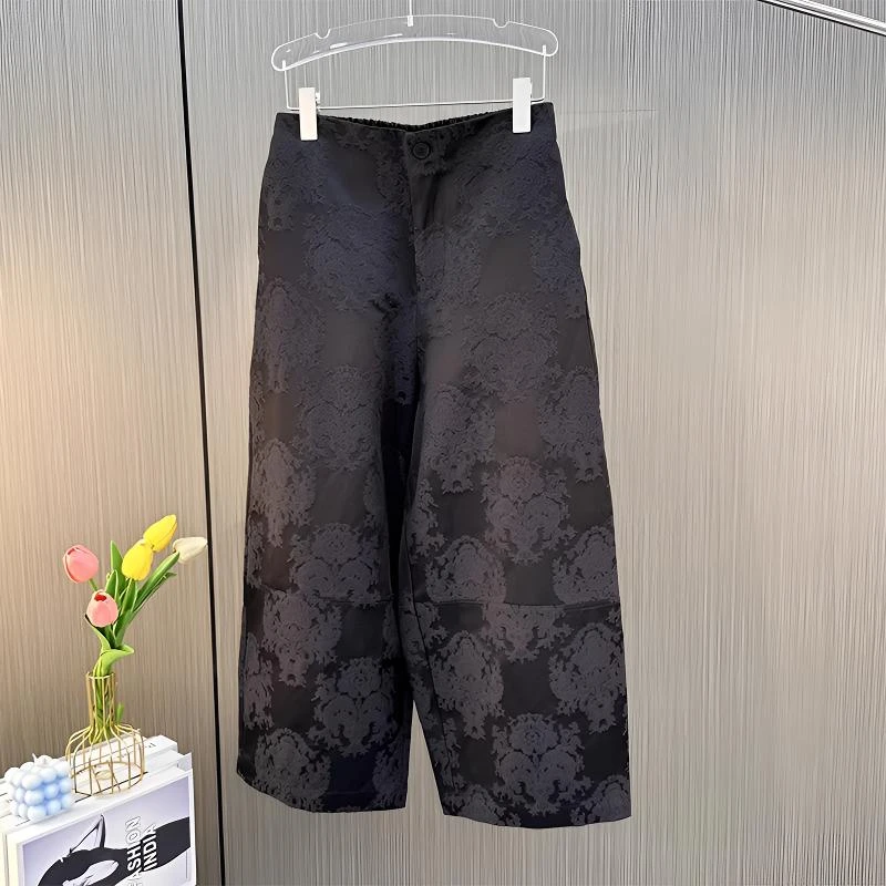 新中式浮雕提花休闲九分裤女2025秋季新款高腰宽松显瘦哈伦阔腿裤