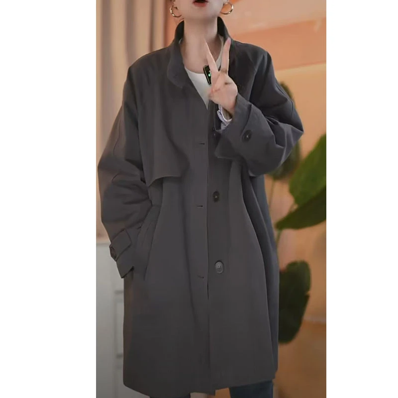 【芳姐】秋季新款韩版休闲单排扣中长款高级感立领风衣外套女