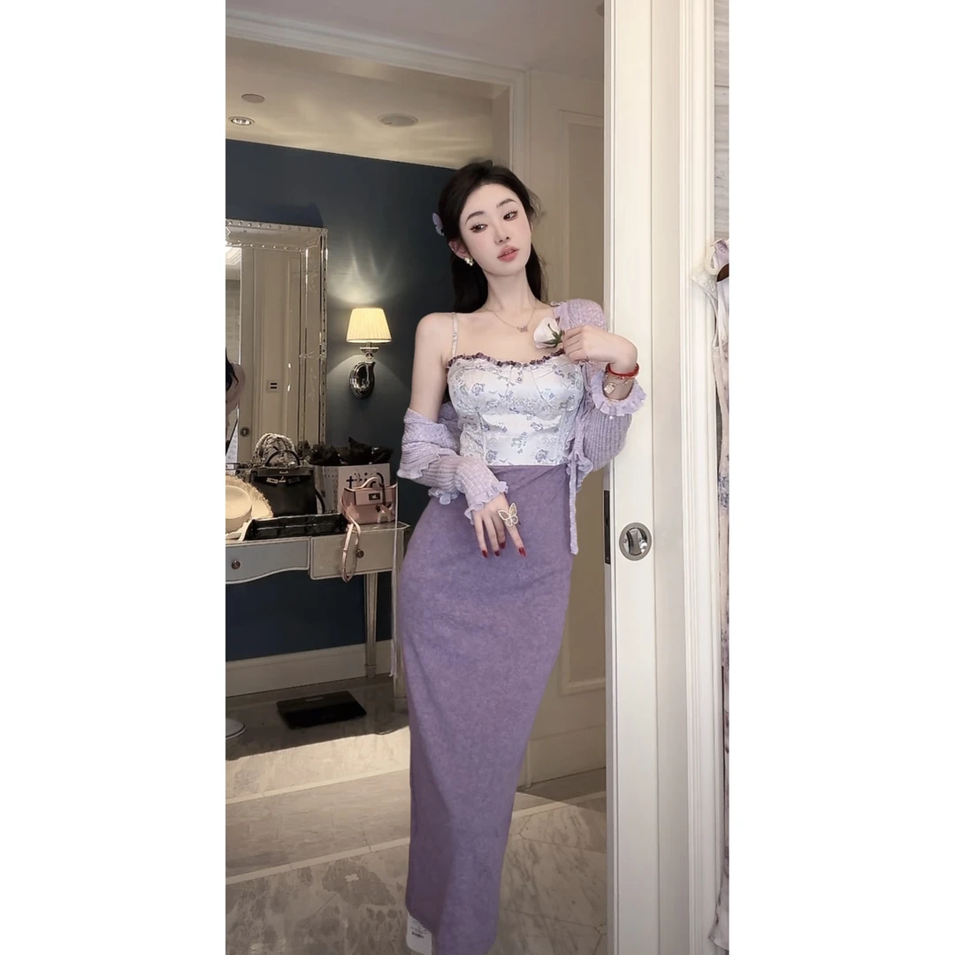 【雅乔定制】紫薇 紫色拼接提花针织吊带连衣裙DYYK-23121555