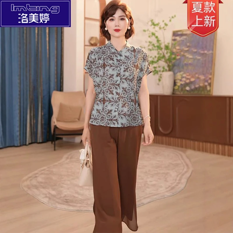 新中式复古印花气质套装50-60岁妈妈装夏季国风休闲高档女装小衫