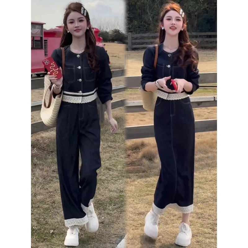 时尚牛仔套装女2025春季新款时髦洋气蕾丝边短外套阔腿裤两件套潮