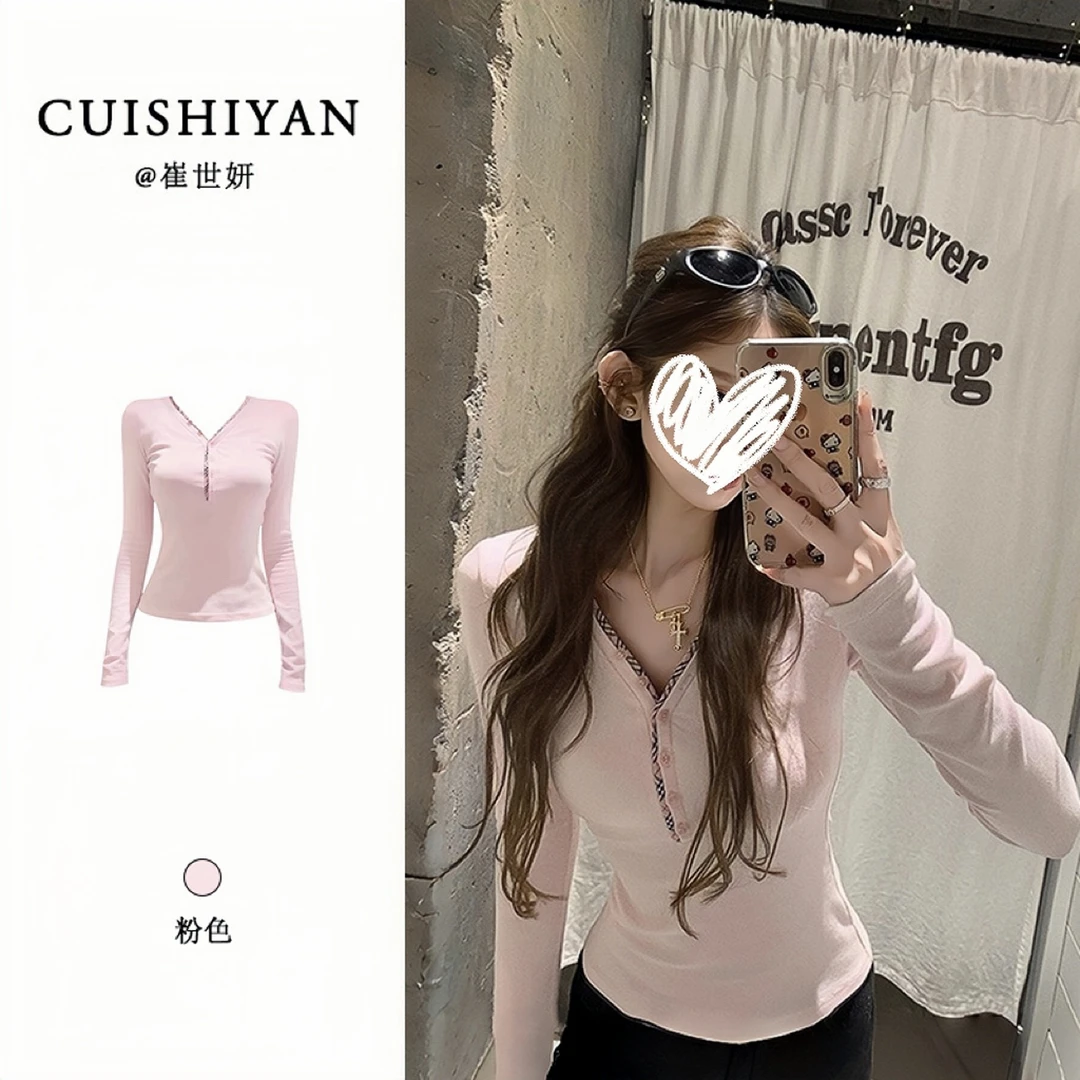 磨毛格纹拼接V领长袖T恤女秋冬季新款辣妹修身显瘦内搭打底衫上衣