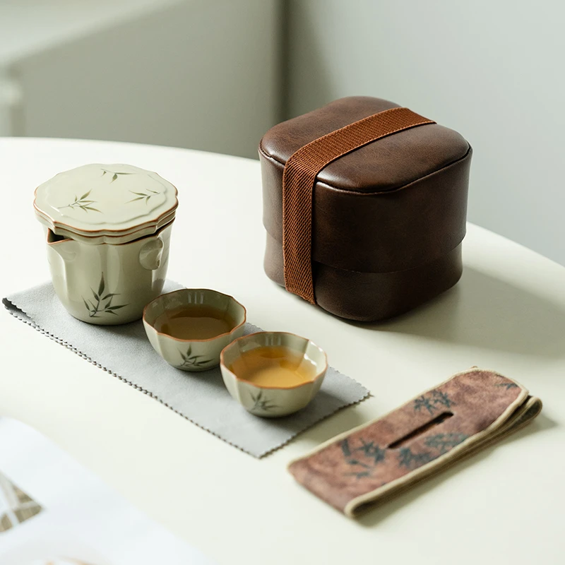 （阿萌茶事）草木灰纯手绘筱竹-晴枫手抓壶旅行茶具（皮包）
