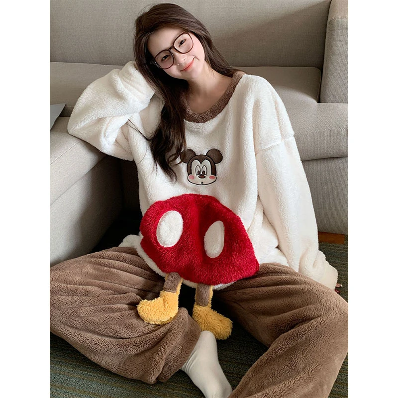 可爱小鼠加厚珊瑚绒秋冬季爆款法兰绒加绒卡通睡衣家居服套装冬天