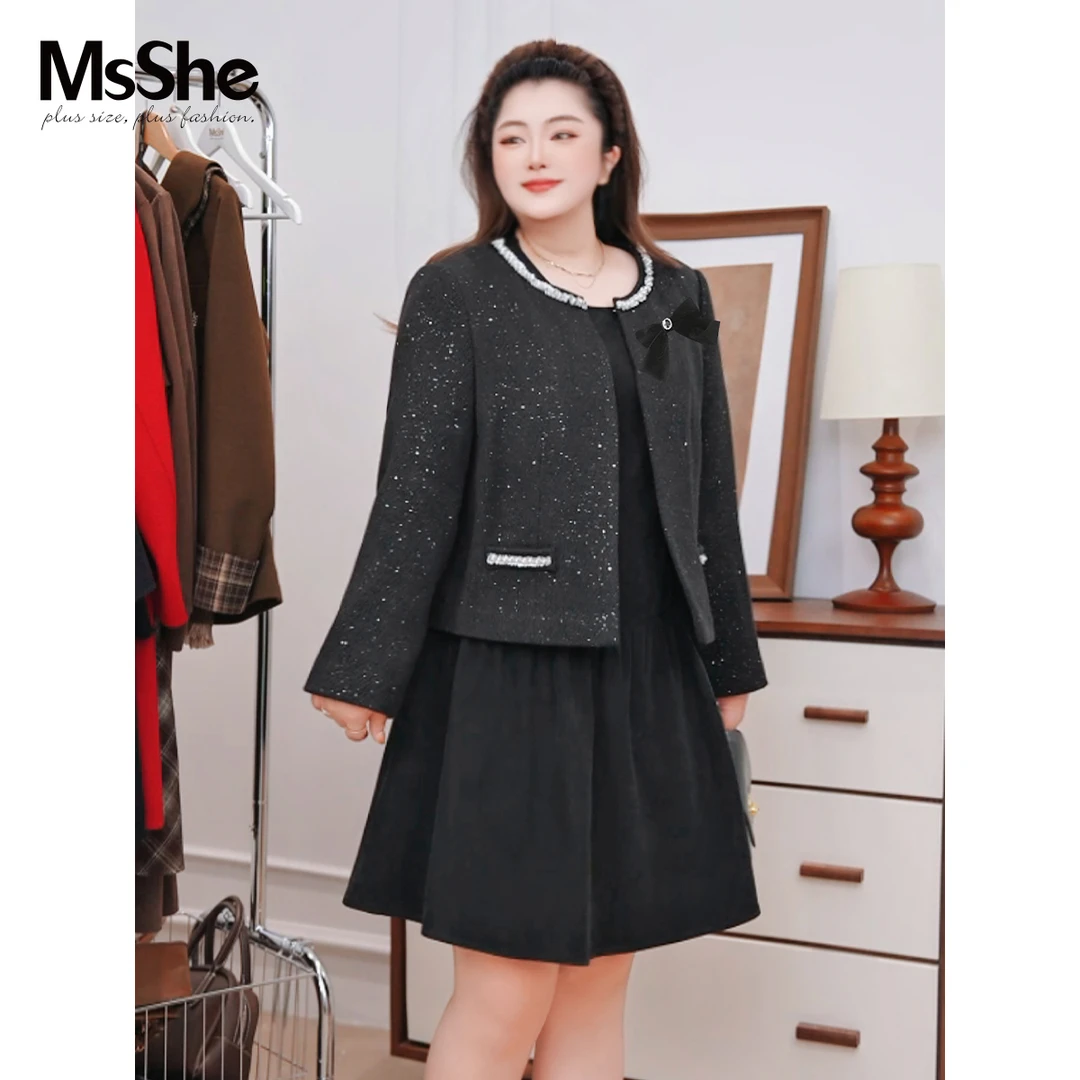 【夹棉加厚小香风裙套装】MsShe冬钉珠毛呢外套无袖连衣裙F2511012