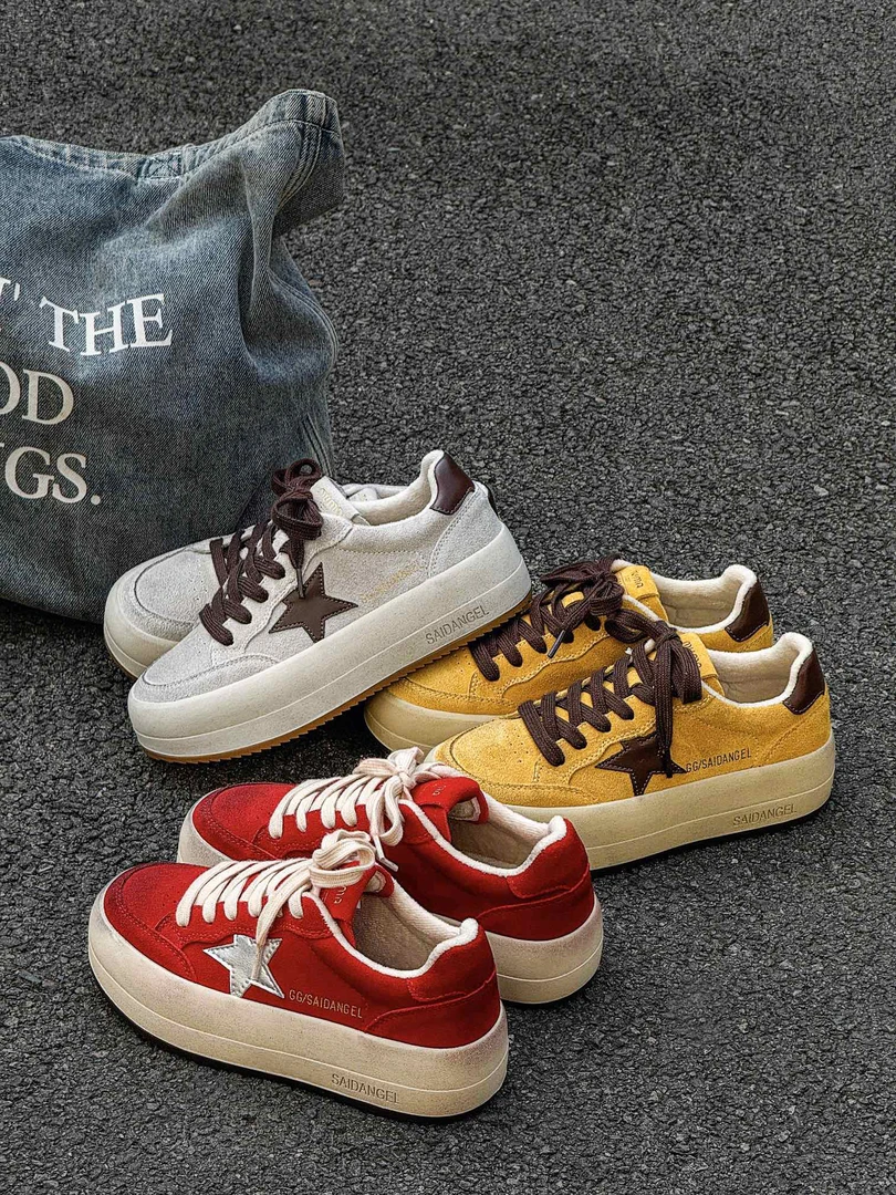 韩版厚底星星鞋女2025春季新款擦色小脏鞋真皮百搭圆头休闲板鞋