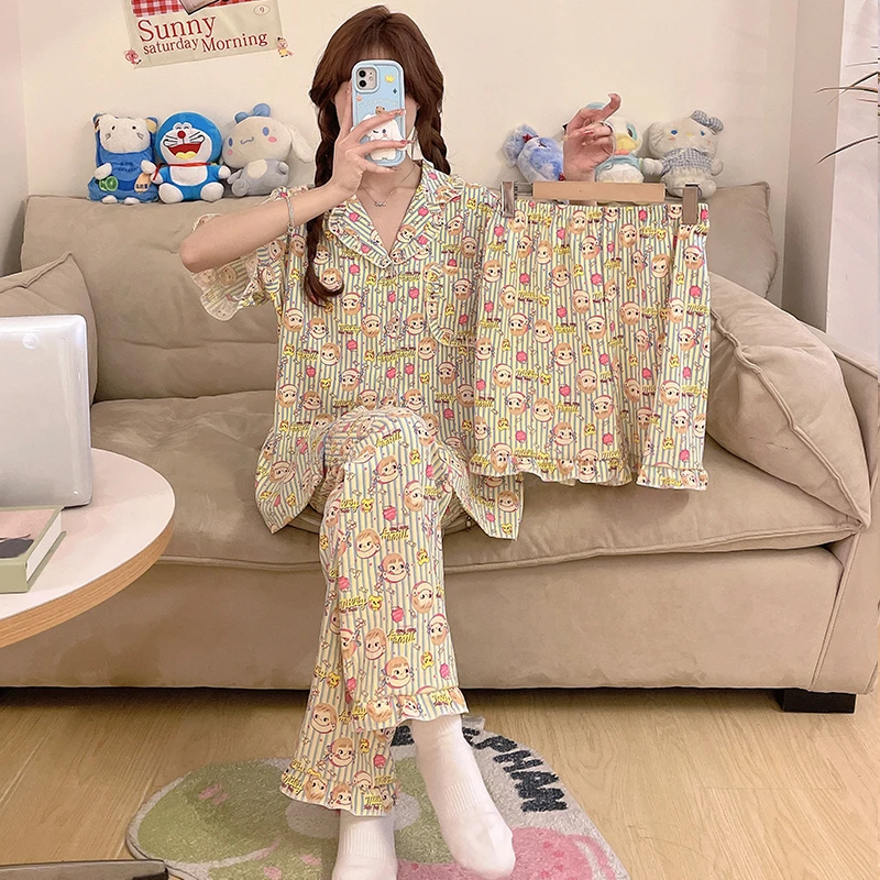 三件套带胸垫睡衣女夏季短袖短裤长裤云朵棉卡通甜美家居服 5348