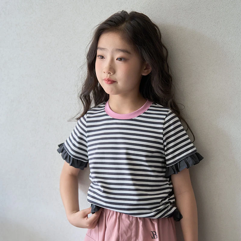 乐题女童短袖T恤夏季薄款儿童条纹上衣中大童学生女孩洋气打底衫