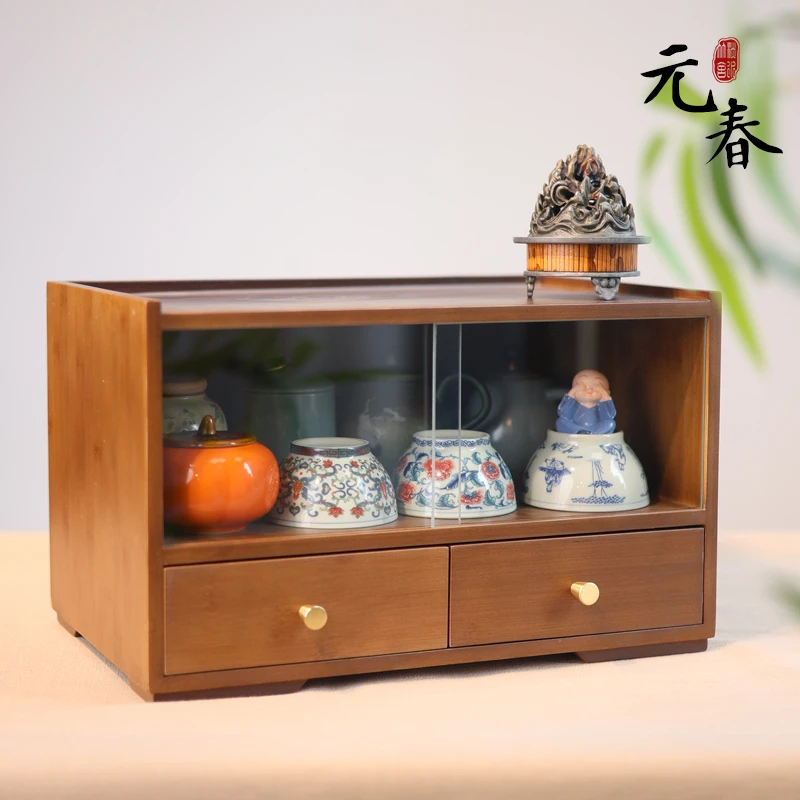 元春茶水柜储物柜带抽屉收纳分格中式高山楠竹手工茶具收纳大容量