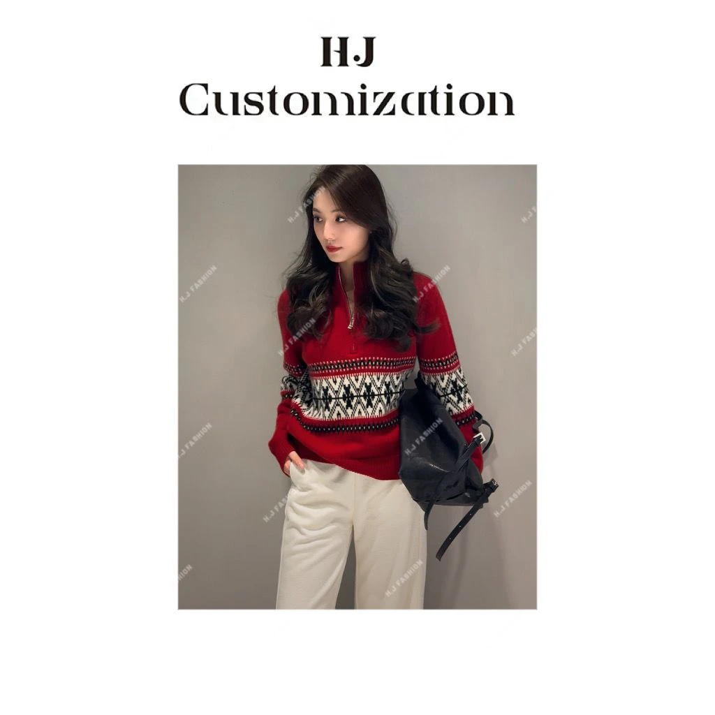 【 H·J 】“塞纳花房”100%羊毛新年氛围感复古拉链毛衣5289