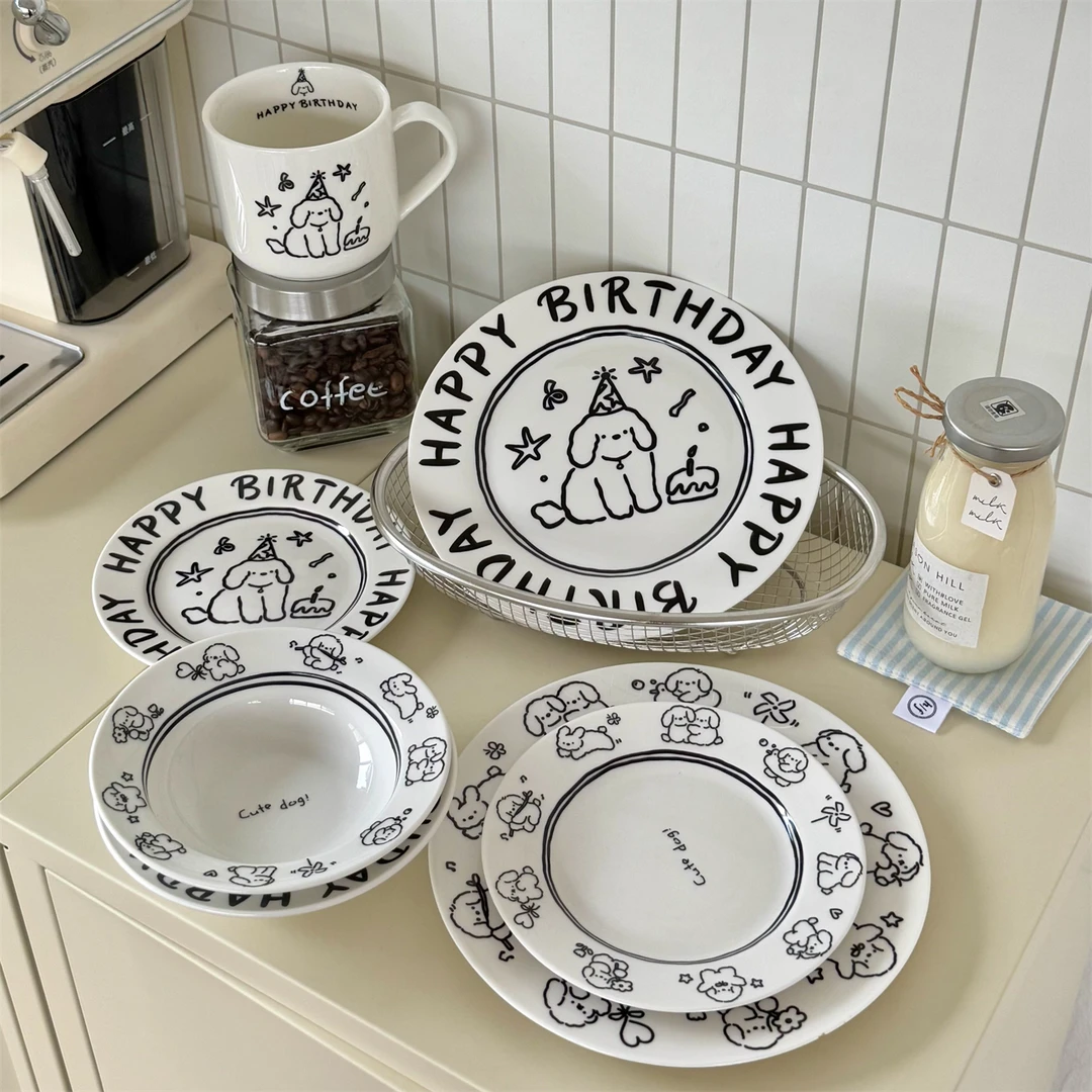 生日小狗|高颜值字母陶瓷餐具早餐盘甜品碗沙拉碗马克杯送人礼物
