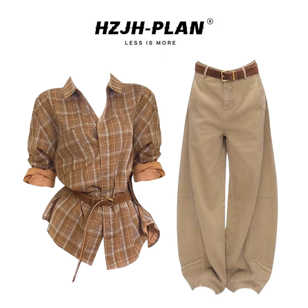 美式时尚复古风长袖上格纹百搭阔腿休闲裤早秋慵懒风女装