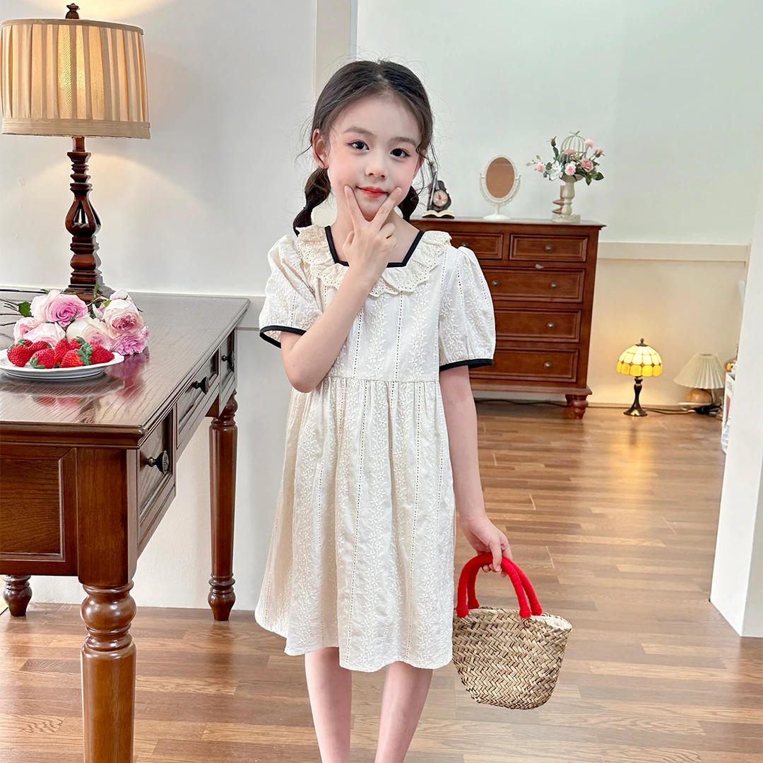 现货【月棠】100棉双层3353连衣裙女童新款夏季法式绣花短袖裙