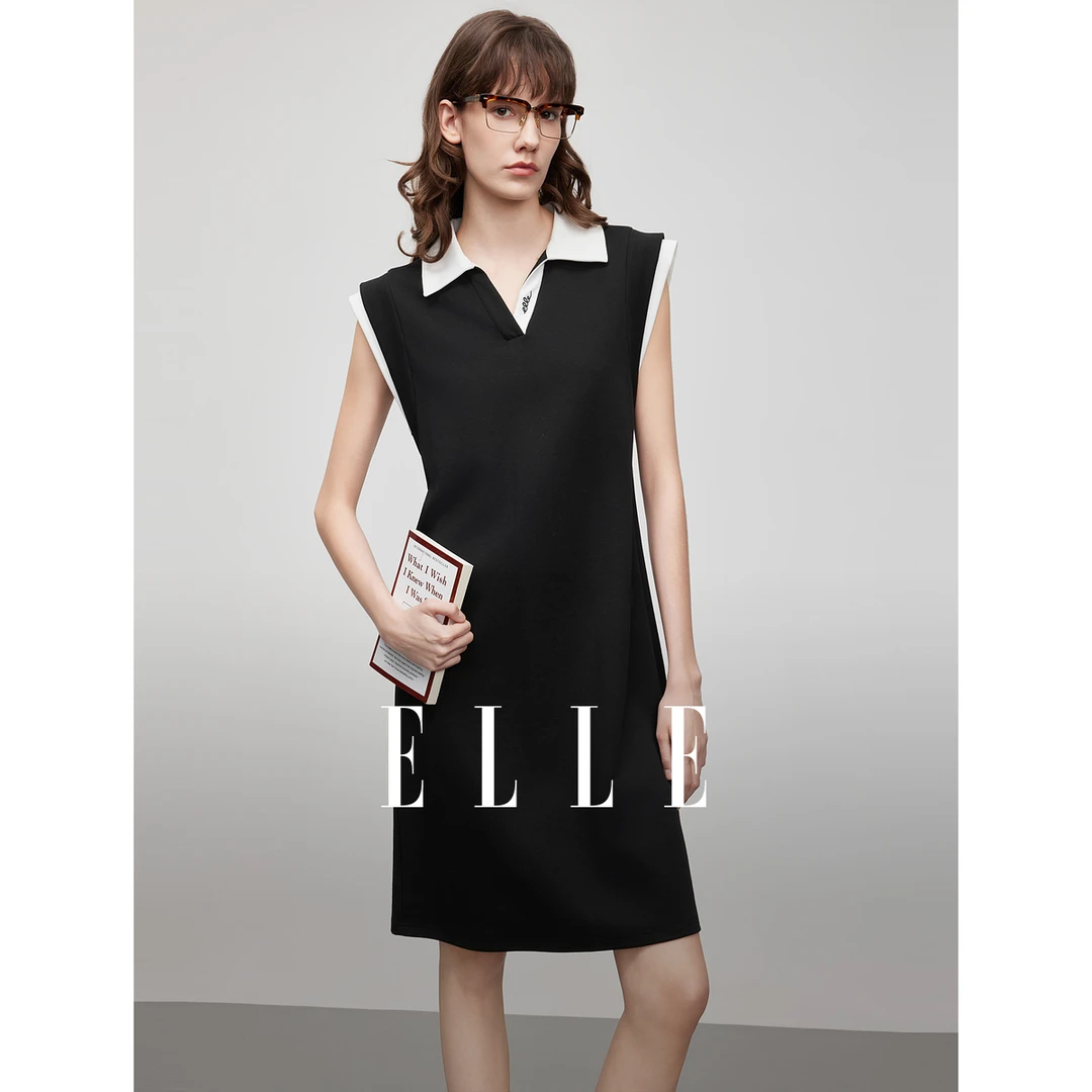 ELLE法式高智感黑白撞色无袖连衣裙女2025夏季新款通勤风EL51237