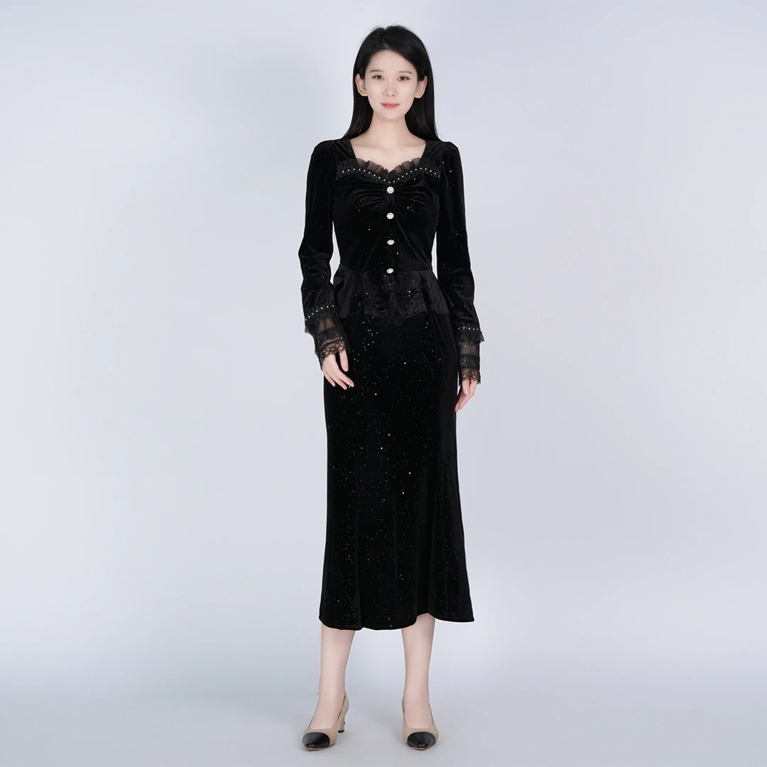浒城古娘国风黑色蕾丝丝绒气质轻奢女套装WH05007358+WK05007358