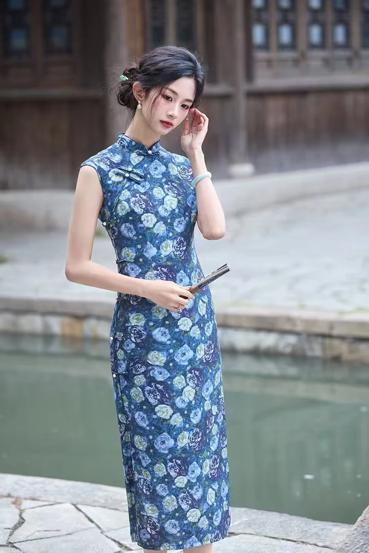 （星空）无袖旗袍120长双层侧八扣港风老上海复古修身少女年轻日常