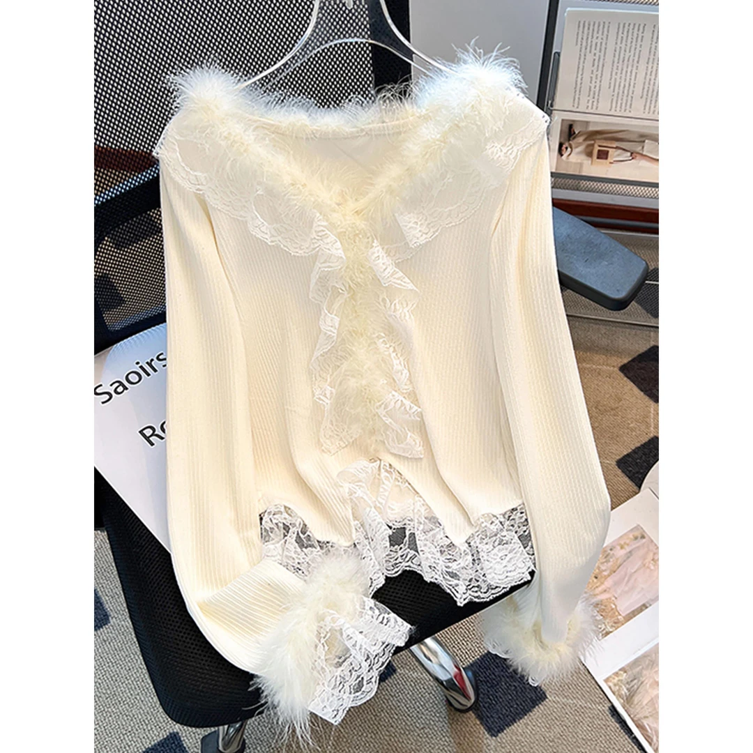 法式千金风蕾丝拼接v领针织衫女秋冬氛围感独特漂亮毛绒修身上衣