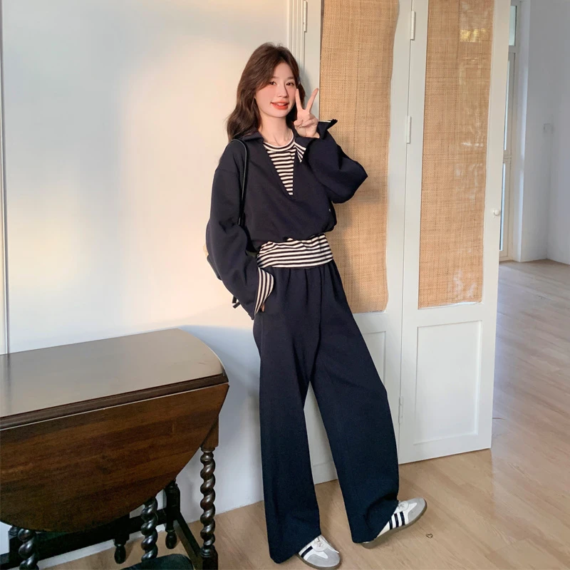 休闲套装裤女2025春秋新款慵懒风假两件条纹撞色卫衣阔腿裤两件套